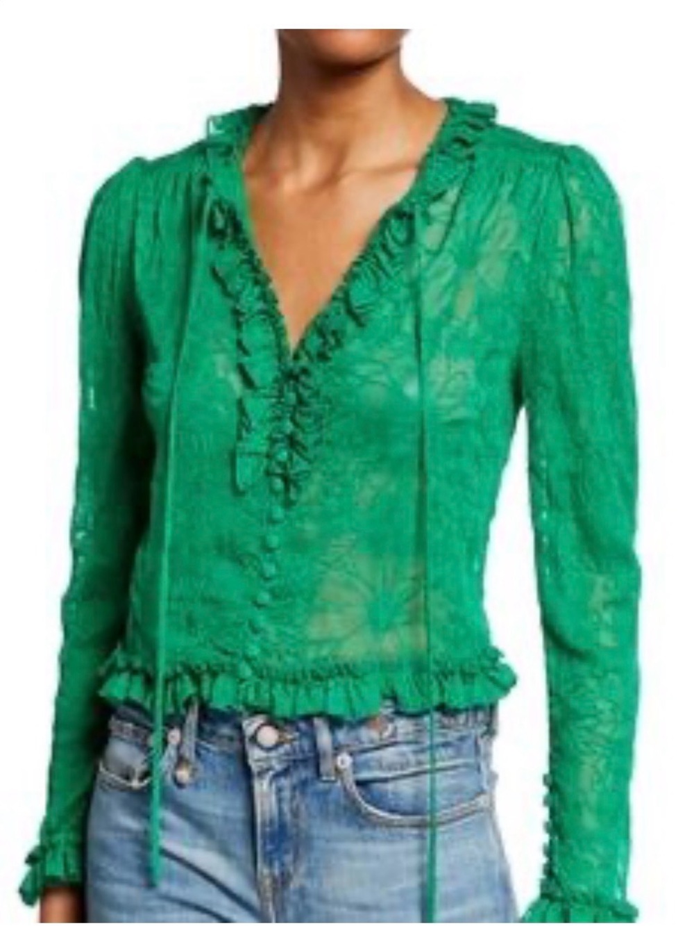 Alexis Saxon Top Green Lace Ruffle V-Neck Long Sleeve Top L